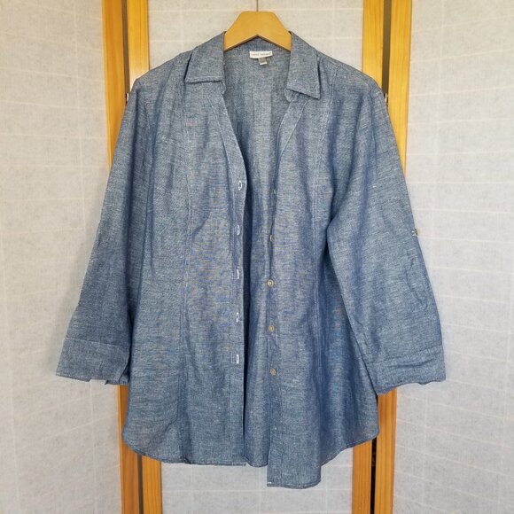 Harve' Benard Linen Shirt Size Large Button Up Blue Roll Up Sleeves Collared - Picture 2 of 9
